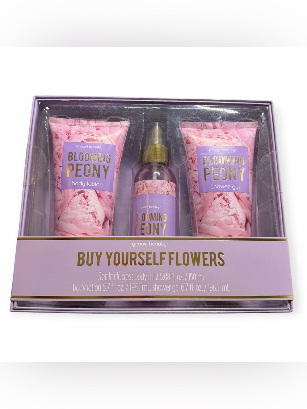Groovi Beauty Blooming Peony 3-Pc Body Mist Lotion Shower Gel Gift Set NIB